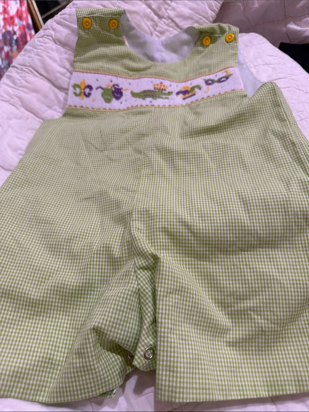 Light Green Gingham Kids Pajama Bottoms with Yellow Button Detail
